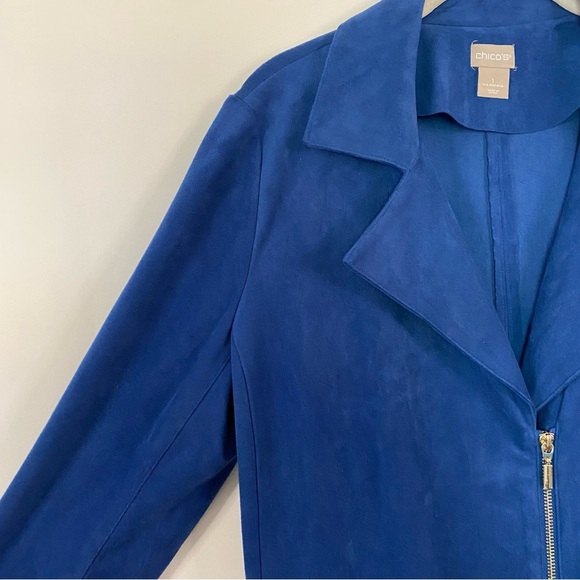 Chico's Women's Blue Faux Suede Moto Jacket Zip Front 8/10 M Office Career - Picture 4 of 10